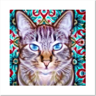 Tabby Cat Against a Colorful Pattern Posters and Art